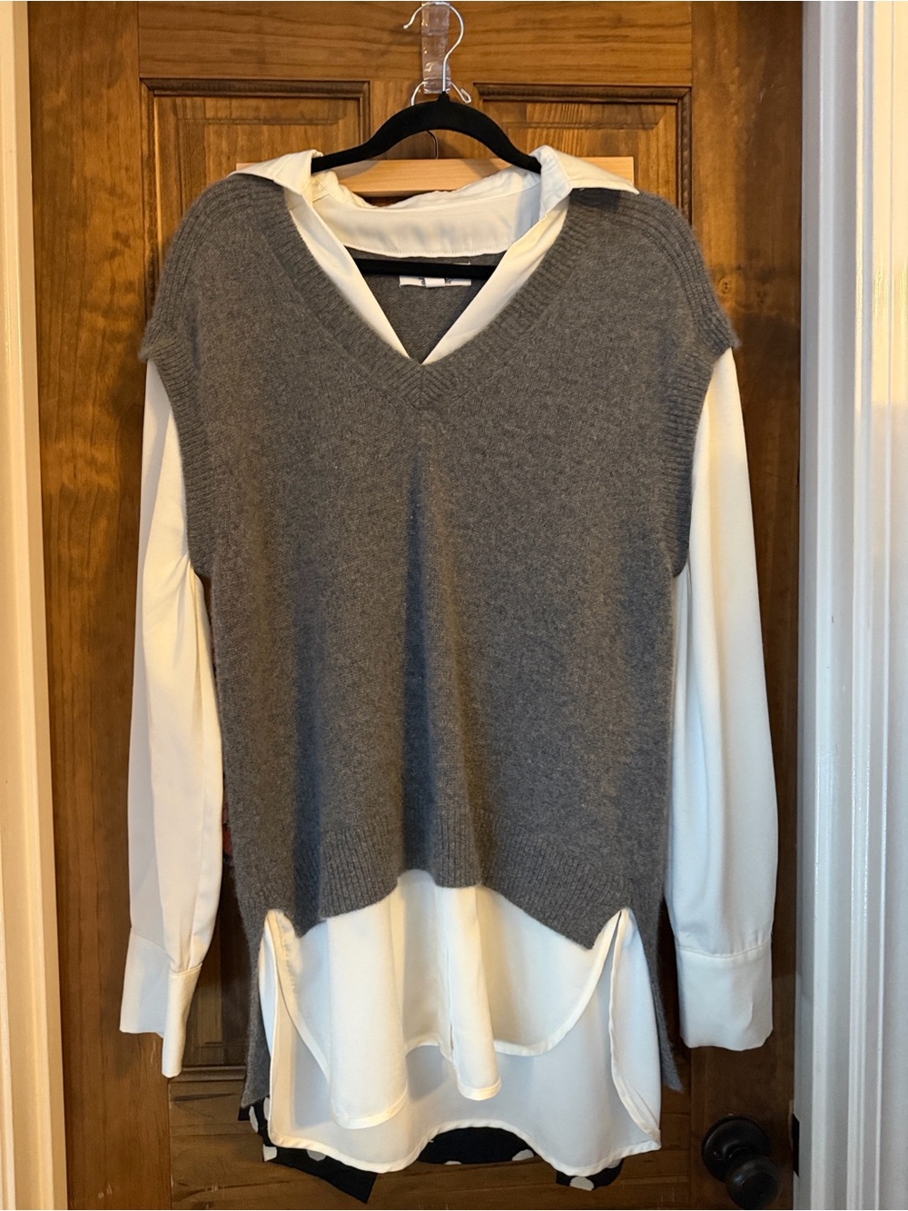 Magaschoni Gray Knit Vest Over Cream Blouse Layered Look
